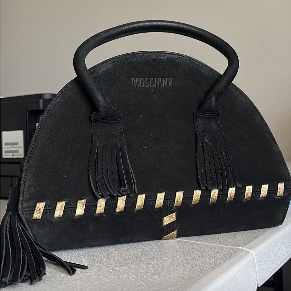 Moschino Black Suede Half-Moon Top-Handle Bag with Gold Accents Vintage 90s